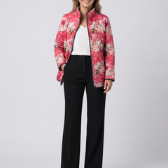 Pink floral quilted jacket with full-zip front and side pockets
