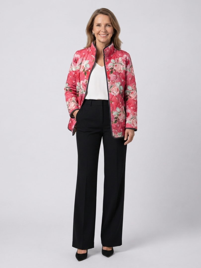 Pink floral quilted jacket with full-zip front and side pockets