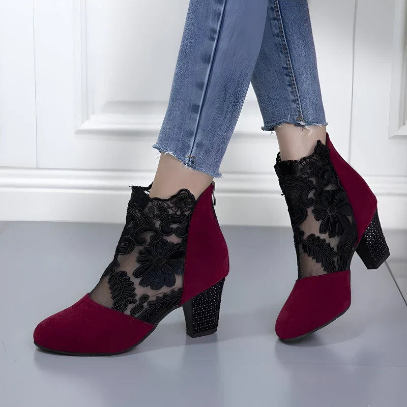 Red and black orthopedic heeled ankle boots with floral lace mesh and block heel