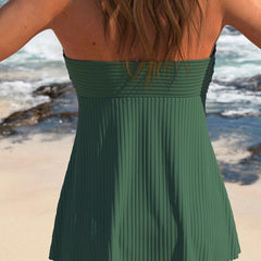 Caitlin™ tankini top, green back with thin straps, pleated ruching and patterned hem trim