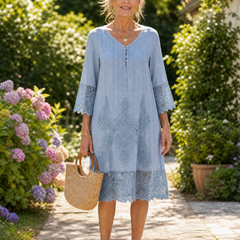 Light blue embroidered lace shift midi dress with scalloped lace sleeves