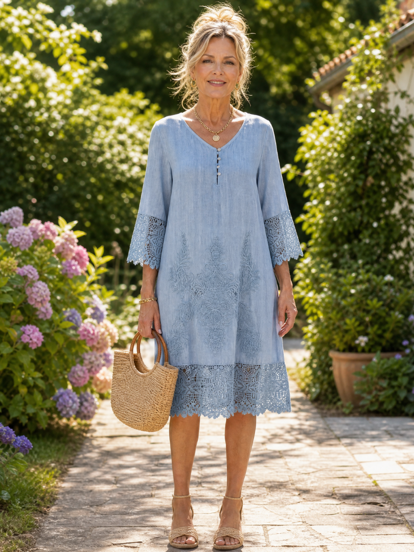 Light blue embroidered lace shift midi dress with scalloped lace sleeves