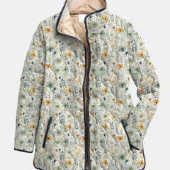 Quilted floral jacket with hood lining, full zip, multicolour flowers, black piping