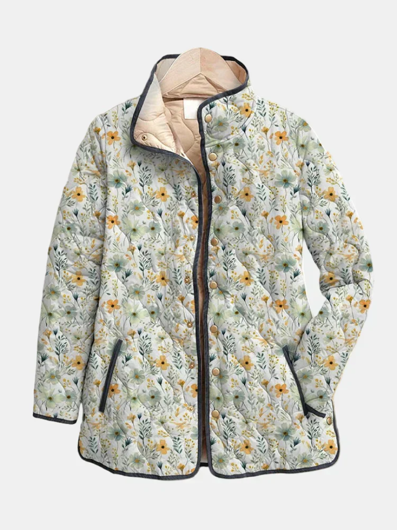 Quilted floral jacket with hood lining, full zip, multicolour flowers, black piping