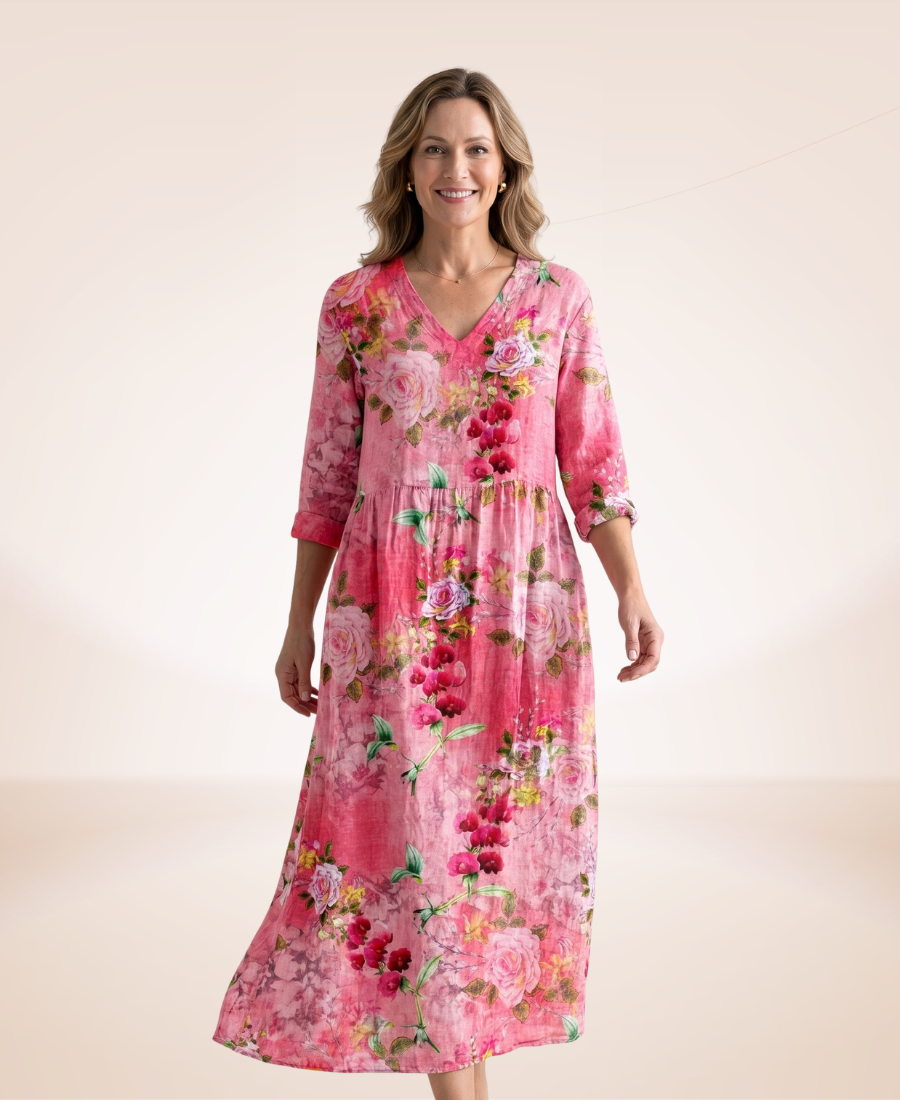 Floral relaxed dress in bright pink with large flower print, V-neck, 3/4 sleeves, midi length