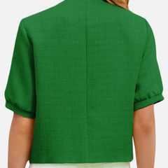 Back view cropped green tweed blazer jacket with short sleeves and center seam