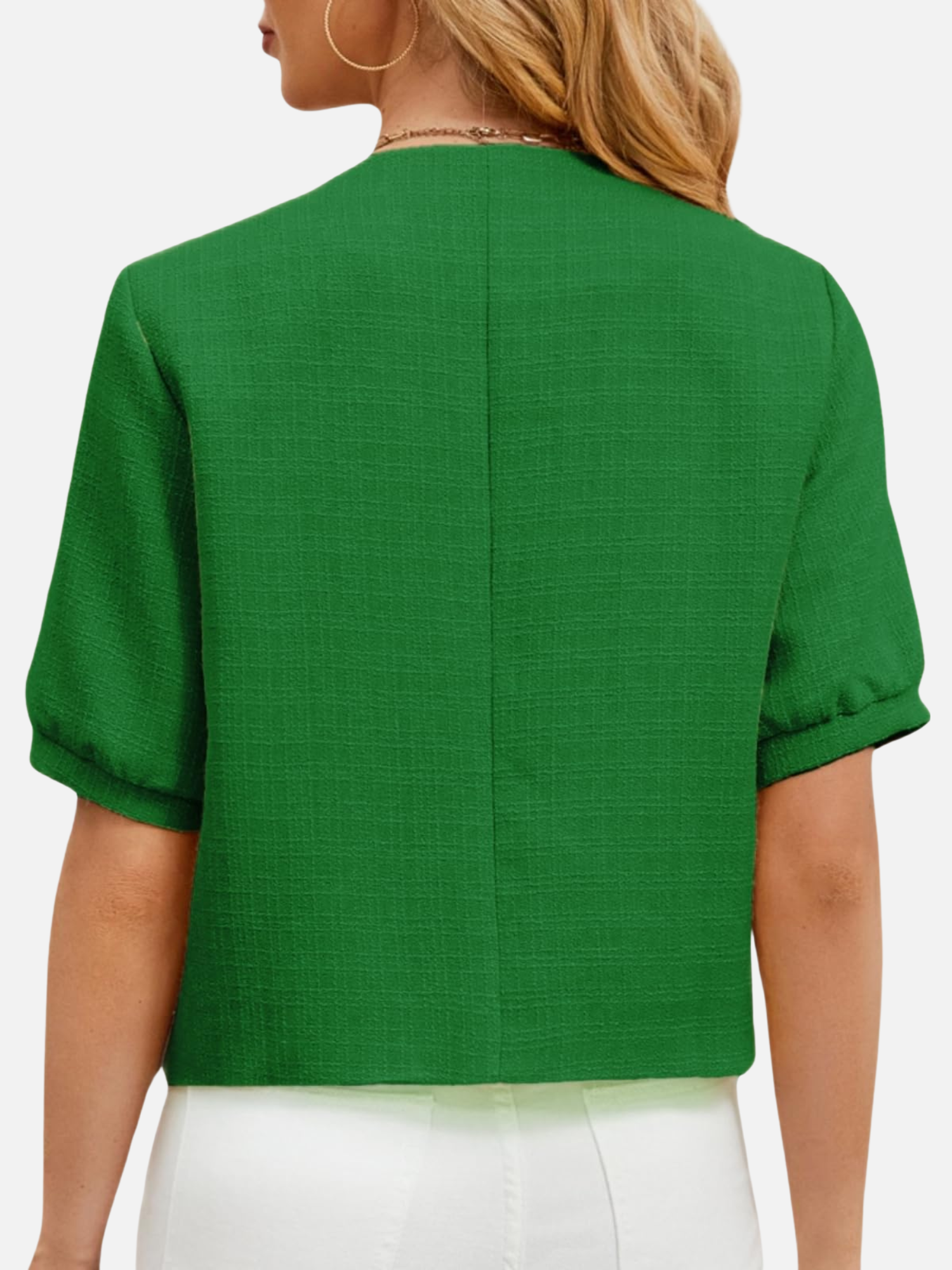 Back view cropped green tweed blazer jacket with short sleeves and center seam