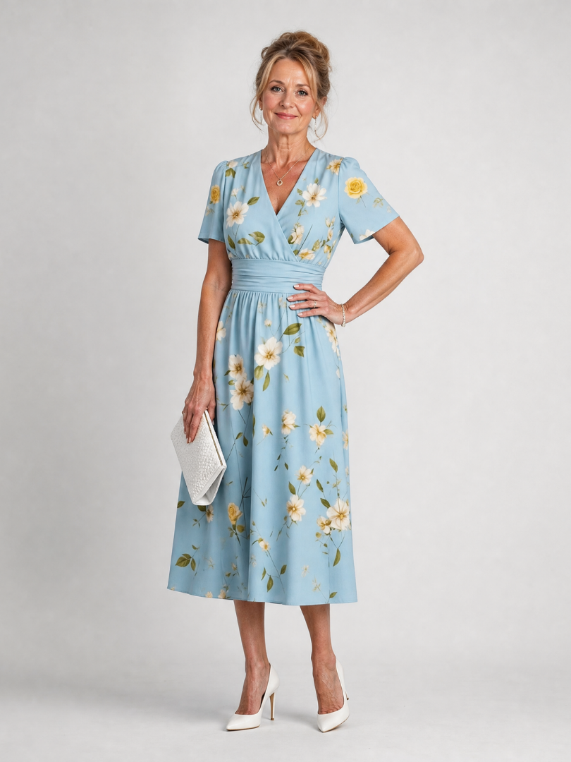 Light blue V-neck midi dress with small yellow daisy print and gathered waist
