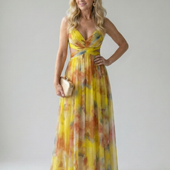 Yellow multicolor soft-wrap maxi dress with V-neck and ruched gathered waist