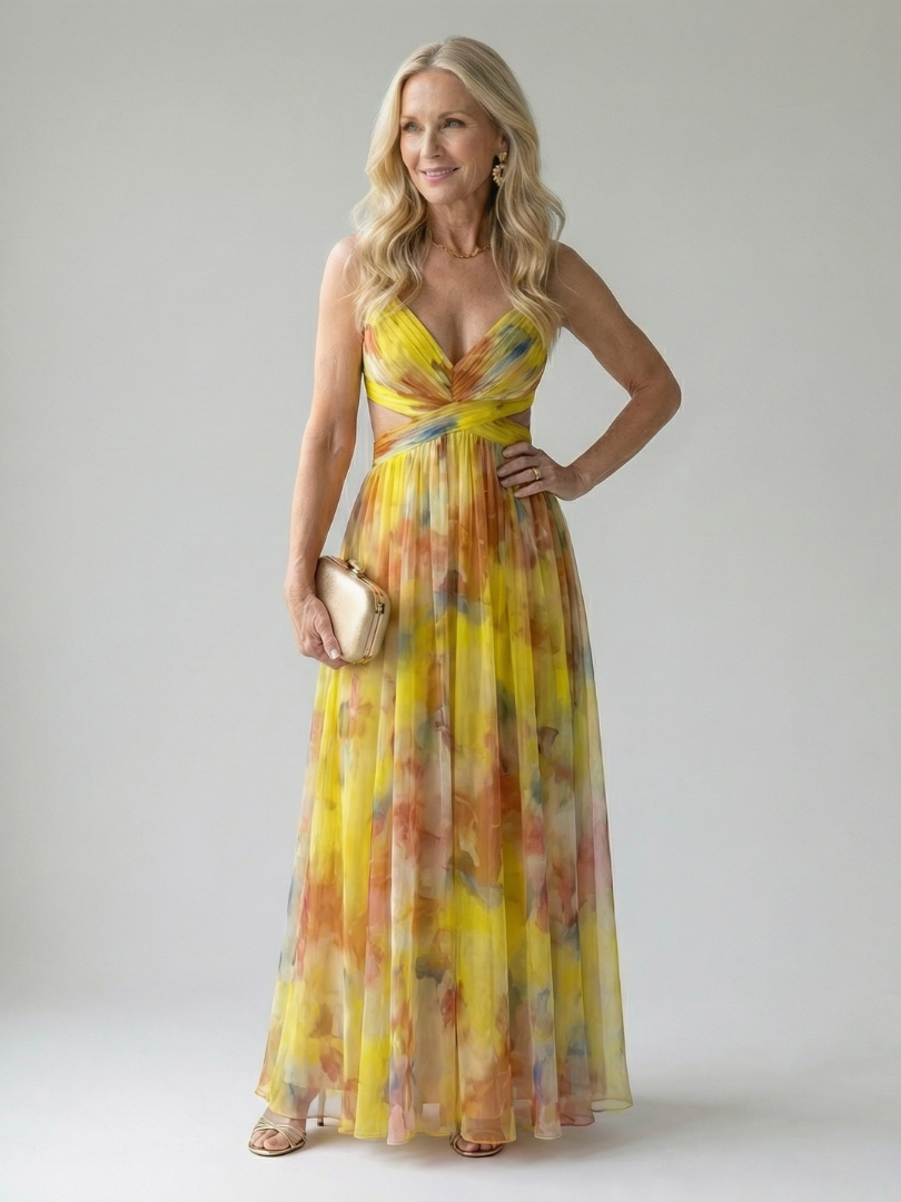 Yellow multicolor soft-wrap maxi dress with V-neck and ruched gathered waist