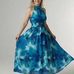 Blue gathered halter midi dress with smocked waist and flowing tiered skirt