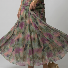 Off-shoulder maxi dress with multicolor swirl print, flowing gathered skirt