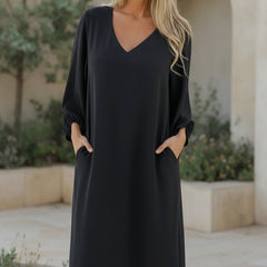 Bohemian long dress, graphite black V-neck with long loose sleeves and maxi length