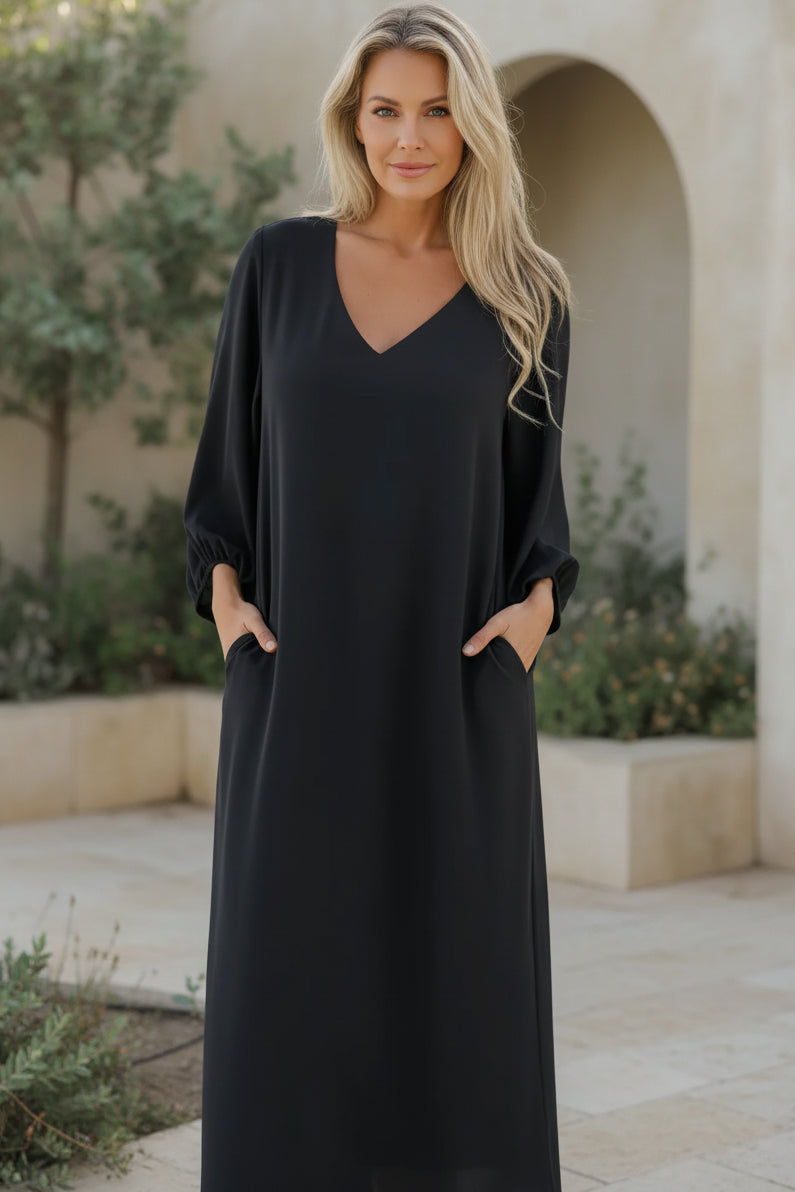 Bohemian long dress, graphite black V-neck with long loose sleeves and maxi length