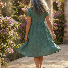 Green Meadow Drift dress back view, dotted fabric with short sleeves and gathered skirt