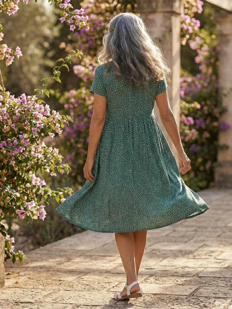 Green Meadow Drift dress back view, dotted fabric with short sleeves and gathered skirt