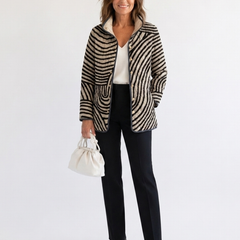 Quilted hooded jacket with black-and-cream striped fabric, button front