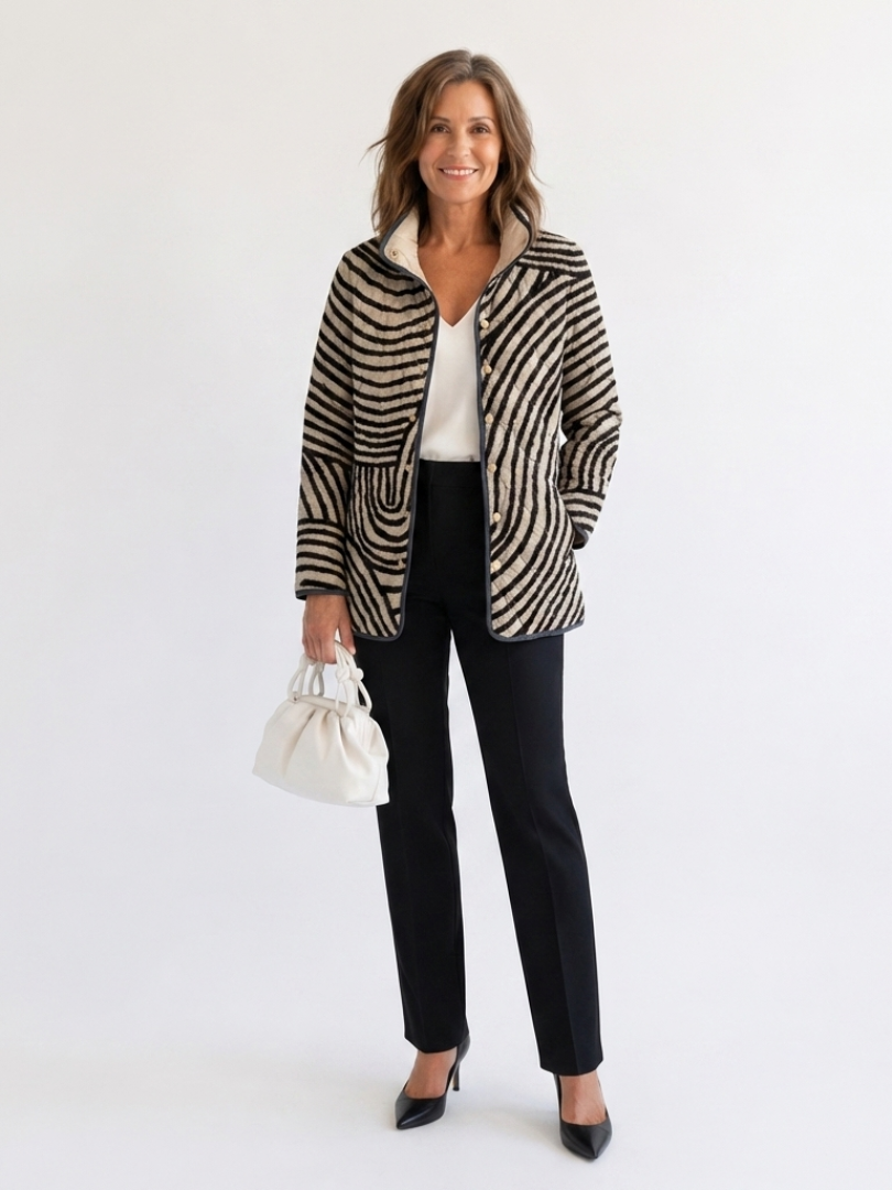 Quilted hooded jacket with black-and-cream striped fabric, button front