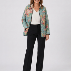 Quilted floral print jacket, light blue with pink roses, full-zip front, stand collar