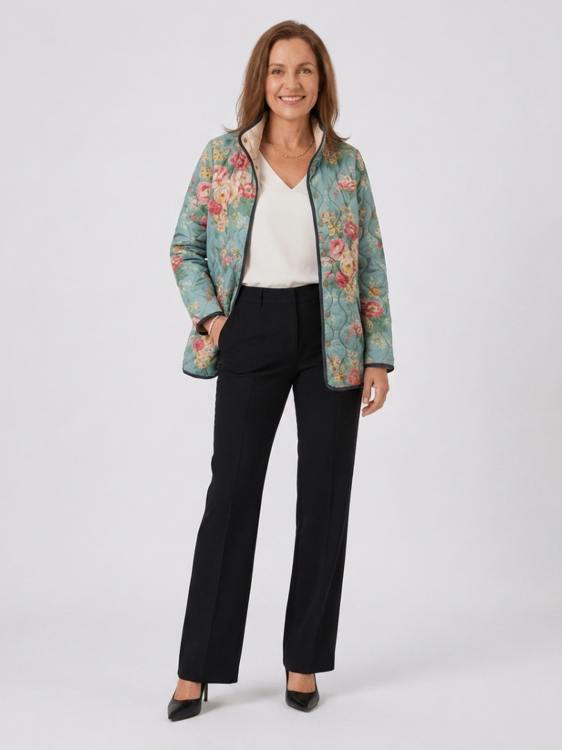 Quilted floral print jacket, light blue with pink roses, full-zip front, stand collar