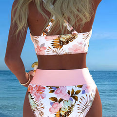 Floral contrast split bikini in pink and white, high-rise briefs with matching triangle crop top