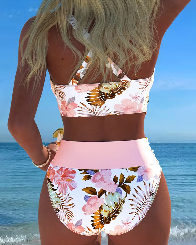 Floral contrast split bikini in pink and white, high-rise briefs with matching triangle crop top