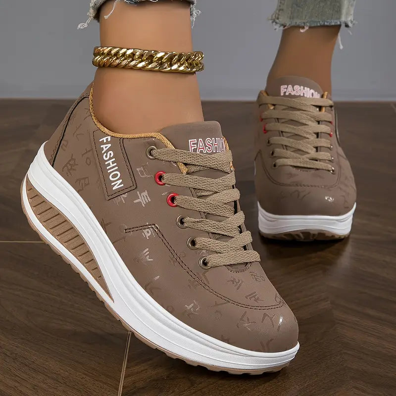 Platform comfort sneakers in tan/brown with white platform sole, lace-up design