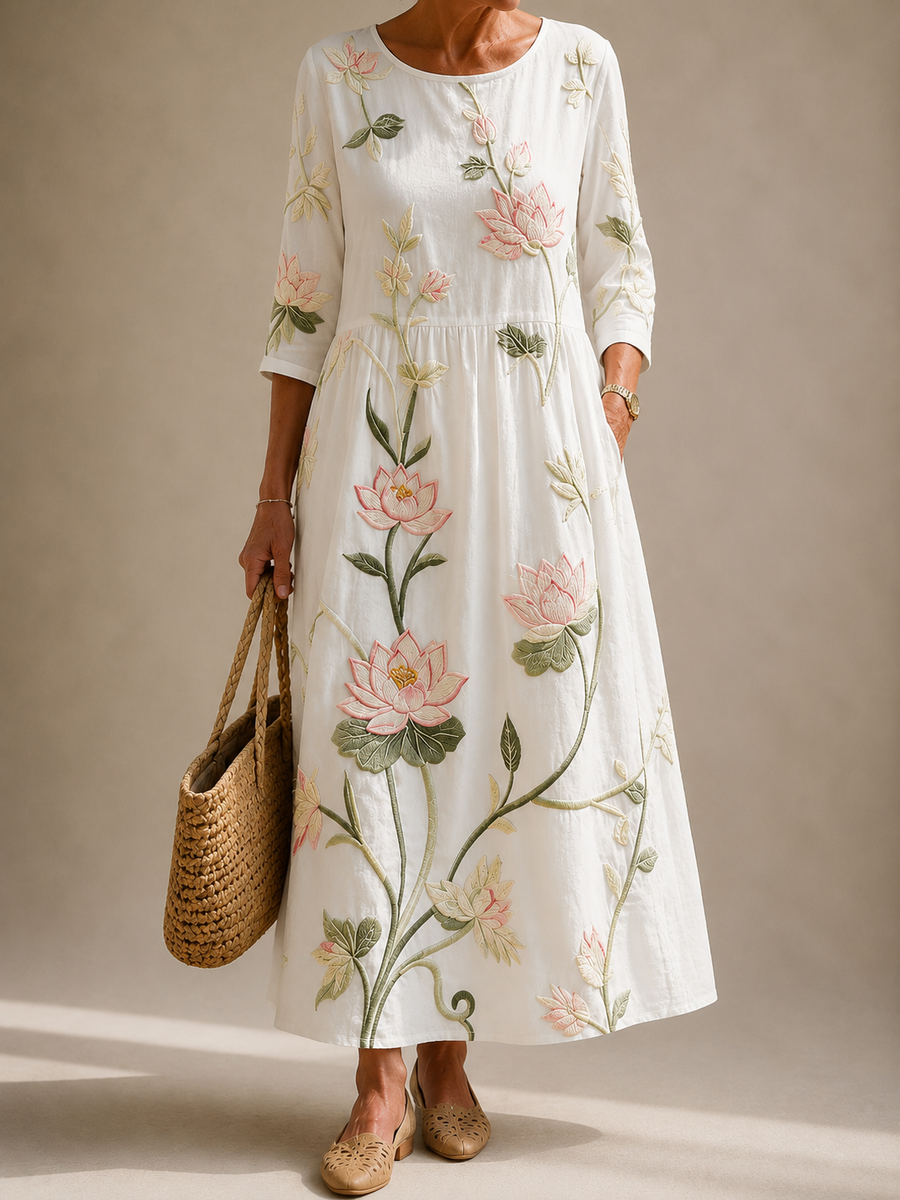 KAYLA flower dress with long sleeves, gathered waist, button-front and large botanical prints