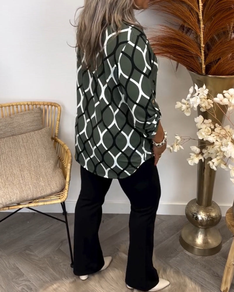 Olive green long-sleeve blouse with white oval linked geometric print, side view