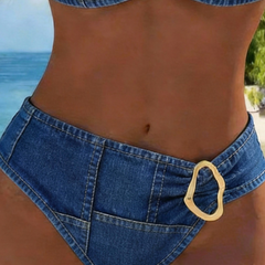 Blue denim-style high-waist bikini bottom with center oval metal buckle detail