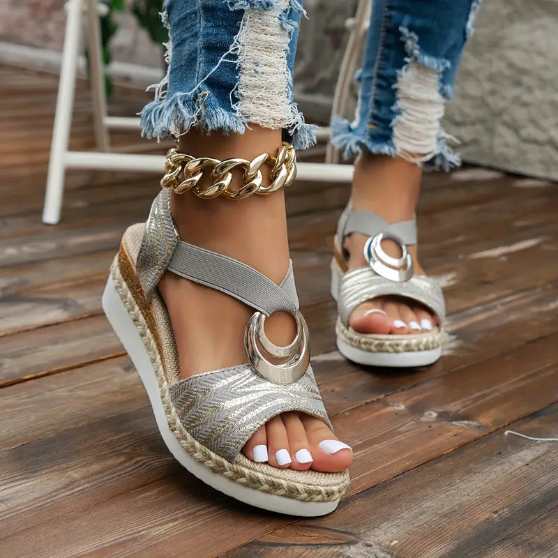 Silver platform espadrille sandals with white straps, silver ring buckles, chain ankle