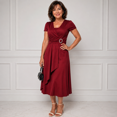 Rhinestone waist midi dress in burgundy red, short sleeves, V-neck wrap skirt