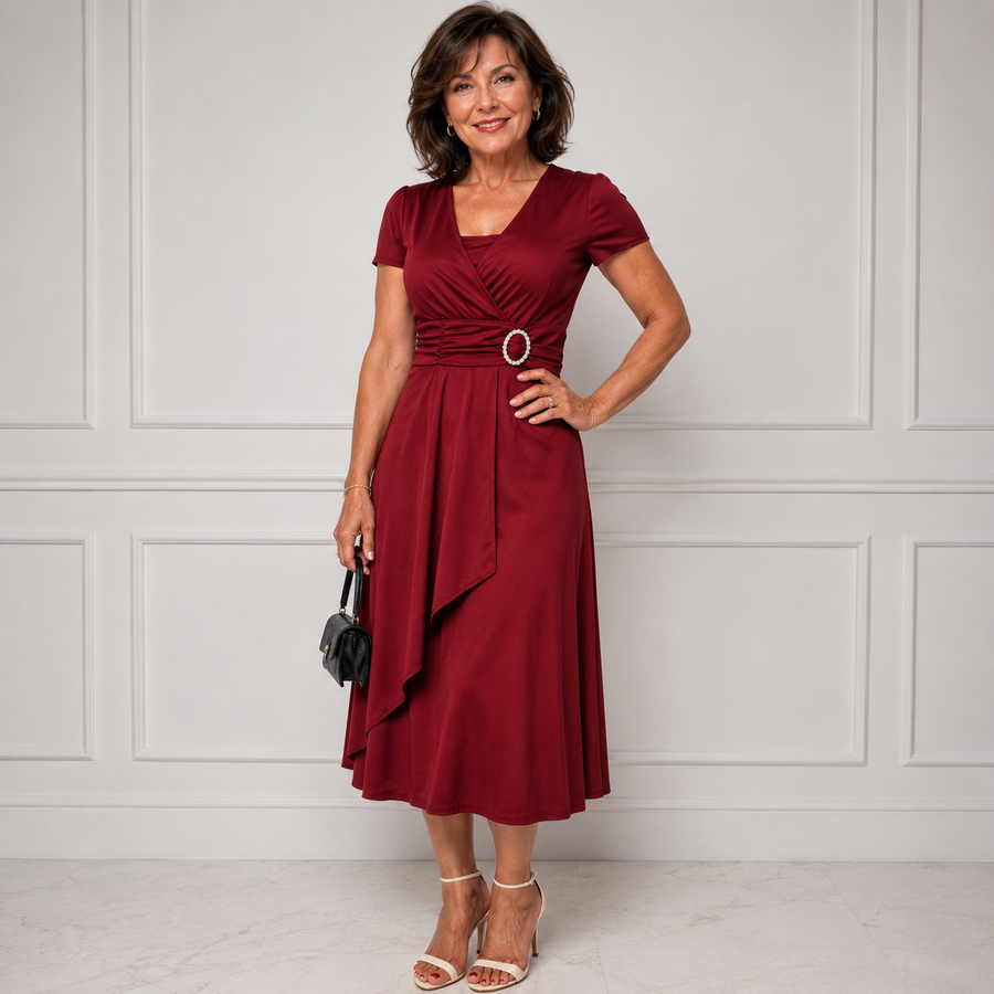 Rhinestone waist midi dress in burgundy red, short sleeves, V-neck wrap skirt