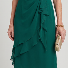 Elegant chiffon draped dress in green with ruched twist bodice and cascading ruffle tiers