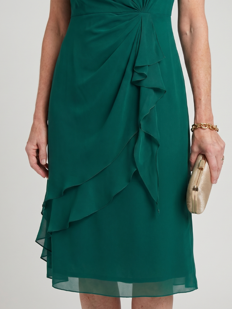 Elegant chiffon draped dress in green with ruched twist bodice and cascading ruffle tiers