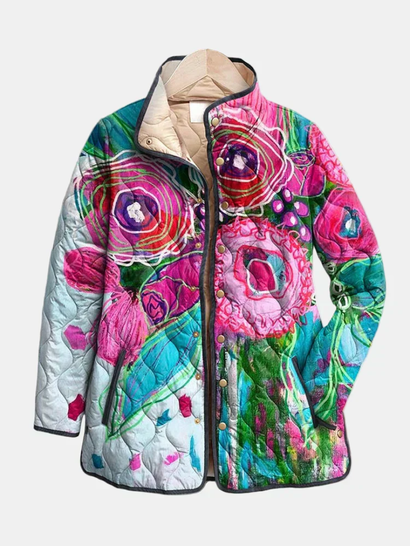 Multicolour floral quilted jacket with hood lining and front zipper