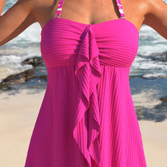 Caitlin™ tankini top, warm pink bandeau with center bow, pleated fabric and patterned hem trim