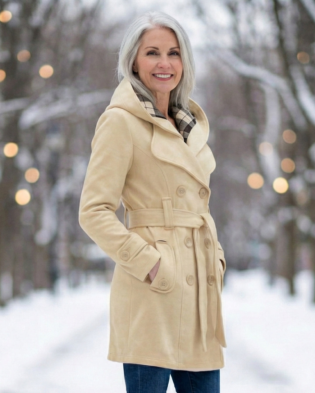 Cream wool hooded coat with plaid hood lining, belt tie, and buttoned sleeves.