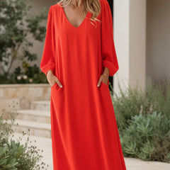 Bohemian long dress, scarlet red V-neck with long loose sleeves and maxi length