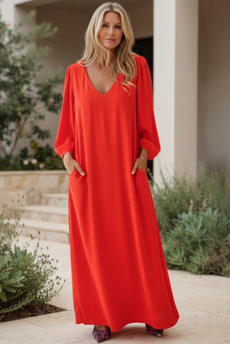 Bohemian long dress, scarlet red V-neck with long loose sleeves and maxi length