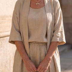 Beige three-piece set: cardigan over scoop-neck top with elastic-waist wide-leg trousers