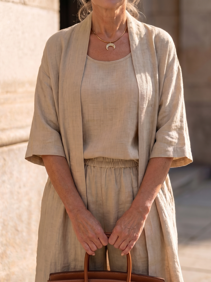 Beige three-piece set: cardigan over scoop-neck top with elastic-waist wide-leg trousers