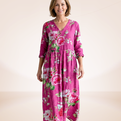 Floral relaxed dress in magenta with pink and green blooms, V-neck, 3/4 sleeves, maxi hem