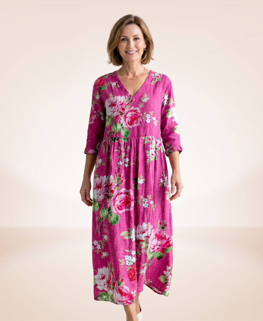 Floral relaxed dress in magenta with pink and green blooms, V-neck, 3/4 sleeves, maxi hem