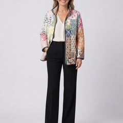 Quilted floral print jacket with zip front and stand collar, multicolour