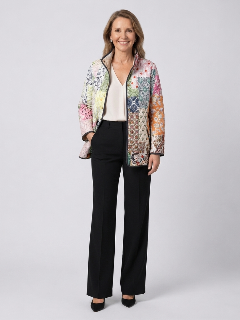 Quilted floral print jacket with zip front and stand collar, multicolour