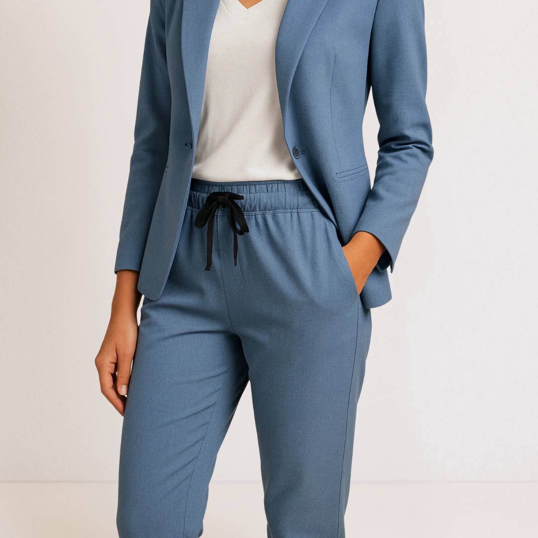 Blue blazer jacket and jogger pants set, drawstring waist and button cuffs