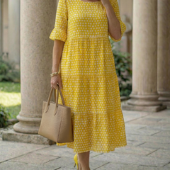 Yellow polka dot tiered midi dress, short sleeves and ruffled waist gathers