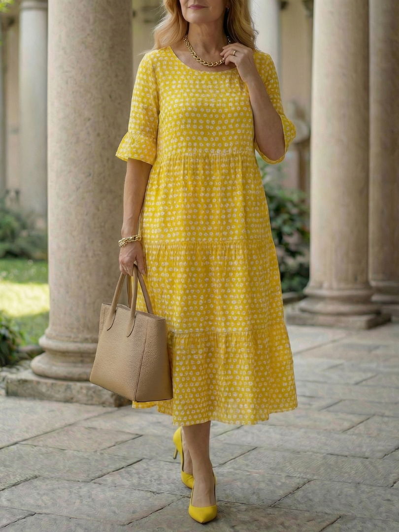 Yellow polka dot tiered midi dress, short sleeves and ruffled waist gathers