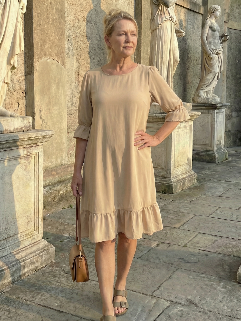 Beige ruffle day dress with tiered ruffle hem and short puff sleeves